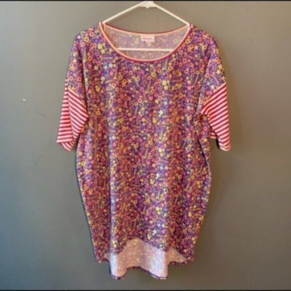 Lularoe Irma Tunic Top Purple Floral Pink Stripe Sleeve - Picture 3 of 10
